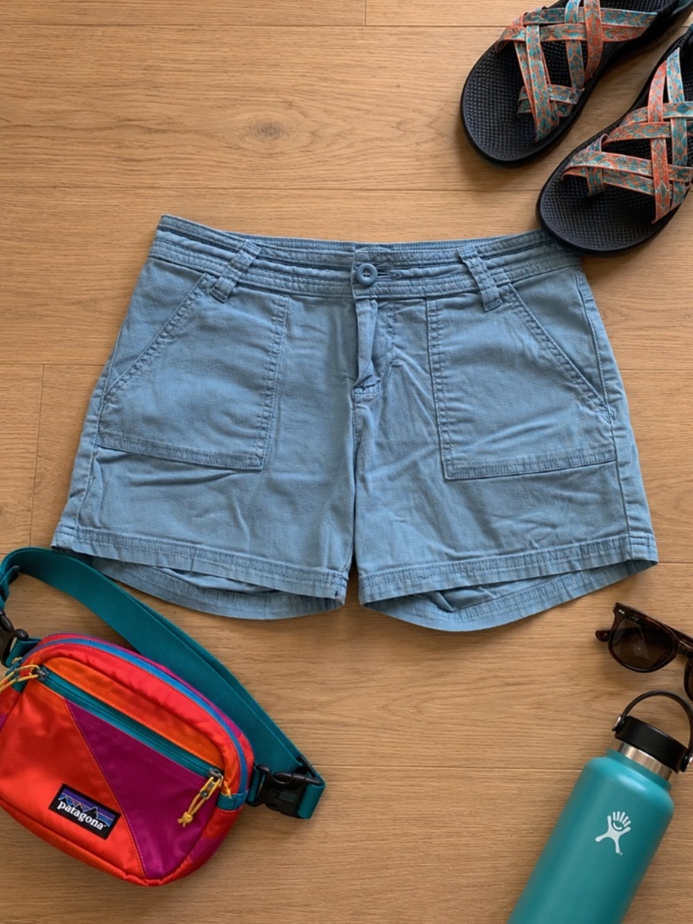 Prana Light Blue Denim Cotton Casual Athletic Shorts 4 Camping Outdoor Granola